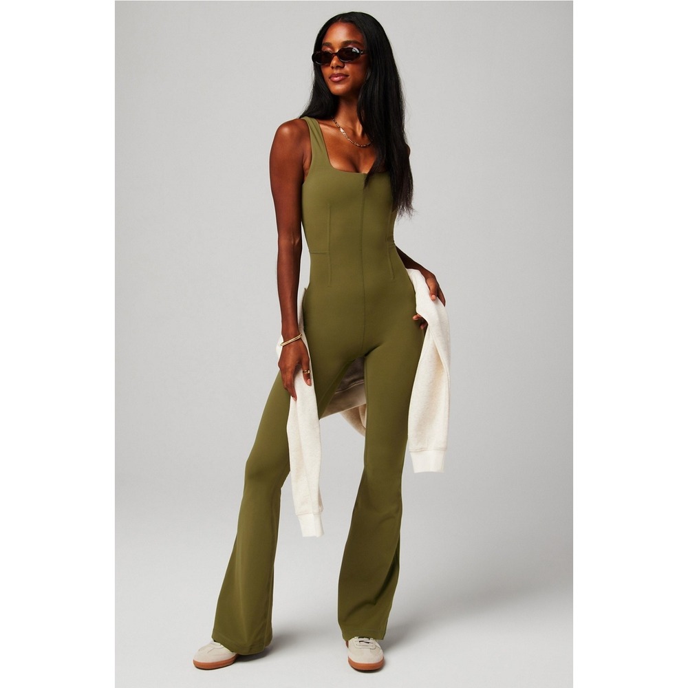 NWT Fabletics PureLuxe Kick Flare Jumpsuit Utility Green Large Workout One Piece